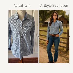 Shyanne Womens Top Sz Large Long Sleeve Blue Cowgirl Western Rodeo Country Logo